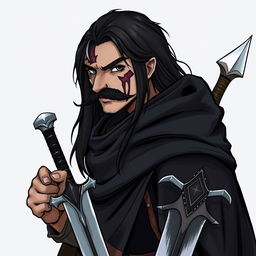 A character with long black hair, a big mustache covering his lips, and a big scar on the left side of his face from his eyebrow to his chin