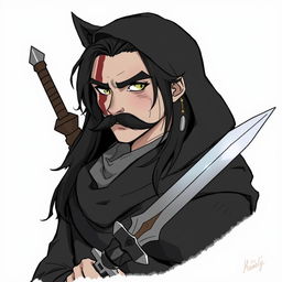 A character with long black hair, a big mustache covering his lips, and a big scar on the left side of his face from his eyebrow to his chin