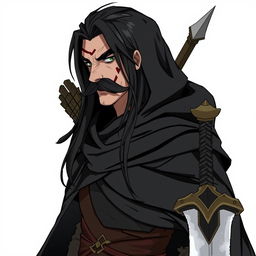 A character with long black hair, a big mustache covering his lips, and a big scar on the left side of his face from his eyebrow to his chin