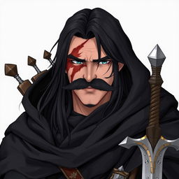 A character with long black hair and a big mustache covering his lips, featuring a big scar on the left side of his face from his eyebrow to his chin