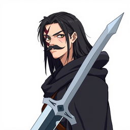 A character with long black hair and a big mustache covering his lips, featuring a big scar on the left side of his face from his eyebrow to his chin