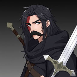 A character with long black hair and a big mustache covering his lips, featuring a big scar on the left side of his face from his eyebrow to his chin