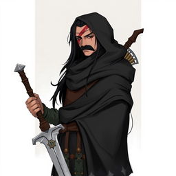 A character with long black hair and a big mustache covering his lips, featuring a big scar on the left side of his face from his eyebrow to his chin