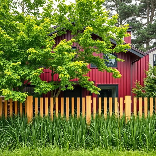 Create a realistic photograph of a modern house with lush greenery in front of maroon corrugated cladding