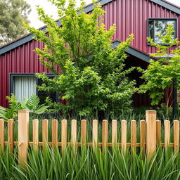 Create a realistic photograph of a modern house with lush greenery in front of maroon corrugated cladding