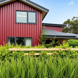 Create a realistic photograph of a modern house with lush greenery in front of maroon corrugated cladding