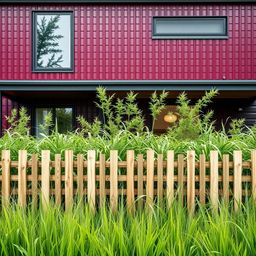 Create a realistic photograph of a modern house with lush greenery in front of maroon corrugated cladding