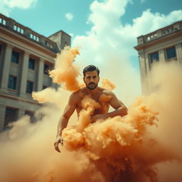 A man emerging from dust, depicted in a dramatic and cinematic style