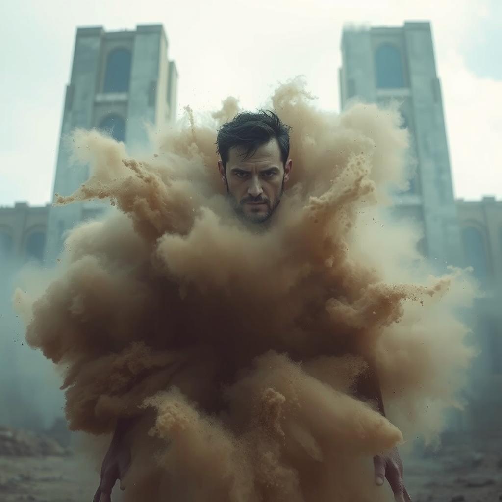 A man emerging from dust, depicted in a dramatic and cinematic style