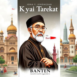 A detailed book cover illustration featuring a prominent Kyai Tarekat figure in Banten