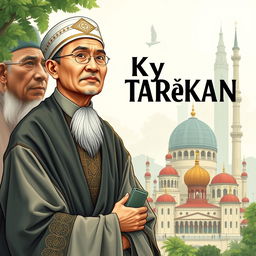 A detailed book cover illustration featuring a prominent Kyai Tarekat figure in Banten