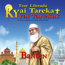 A detailed book cover illustration featuring a prominent Kyai Tarekat figure in Banten