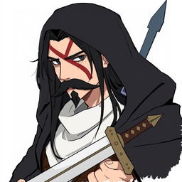 A character with long black hair and a chevron mustache covering his lips, featuring a big scar on the left side of his face from his eyebrow to his chin