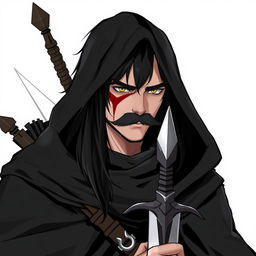 A character with long black hair and a chevron mustache covering his lips, featuring a big scar on the left side of his face from his eyebrow to his chin