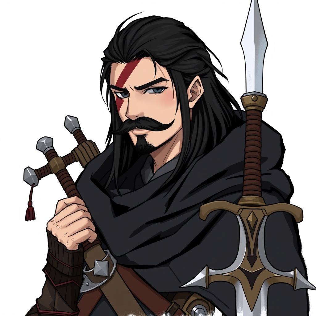 A character with long black hair and a chevron mustache covering his lips, featuring a big scar on the left side of his face from his eyebrow to his chin