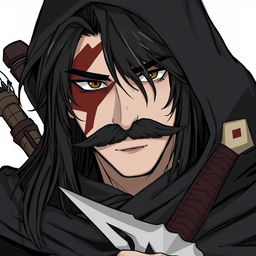 A character with long black hair and a chevron mustache covering his lips, featuring a big scar on the left side of his face from his eyebrow to his chin