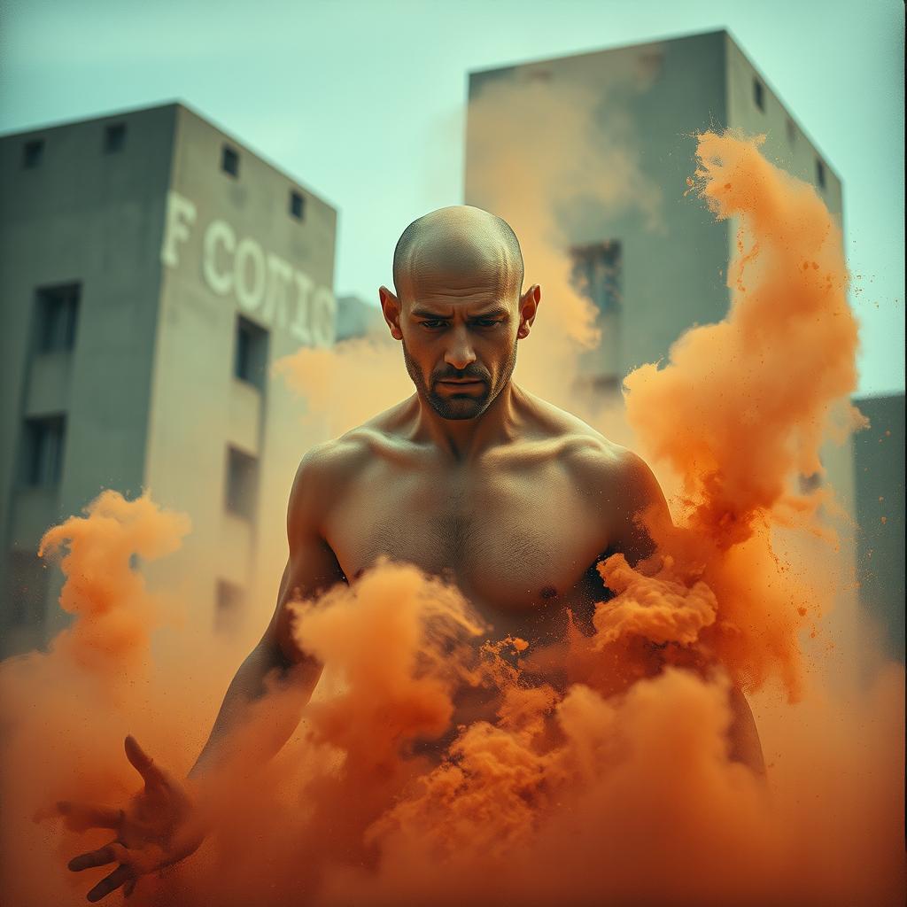 A hairless, unidentifiable man emerging from dust, depicted in a dramatic and cinematic style