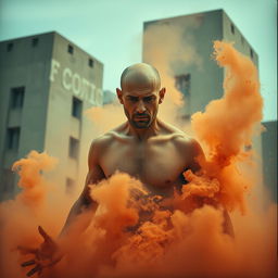 A hairless, unidentifiable man emerging from dust, depicted in a dramatic and cinematic style