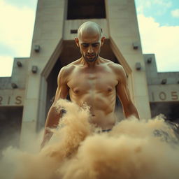 A hairless, unidentifiable man emerging from dust, depicted in a dramatic and cinematic style