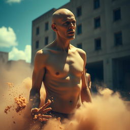 A hairless, unidentifiable man emerging from dust, depicted in a dramatic and cinematic style