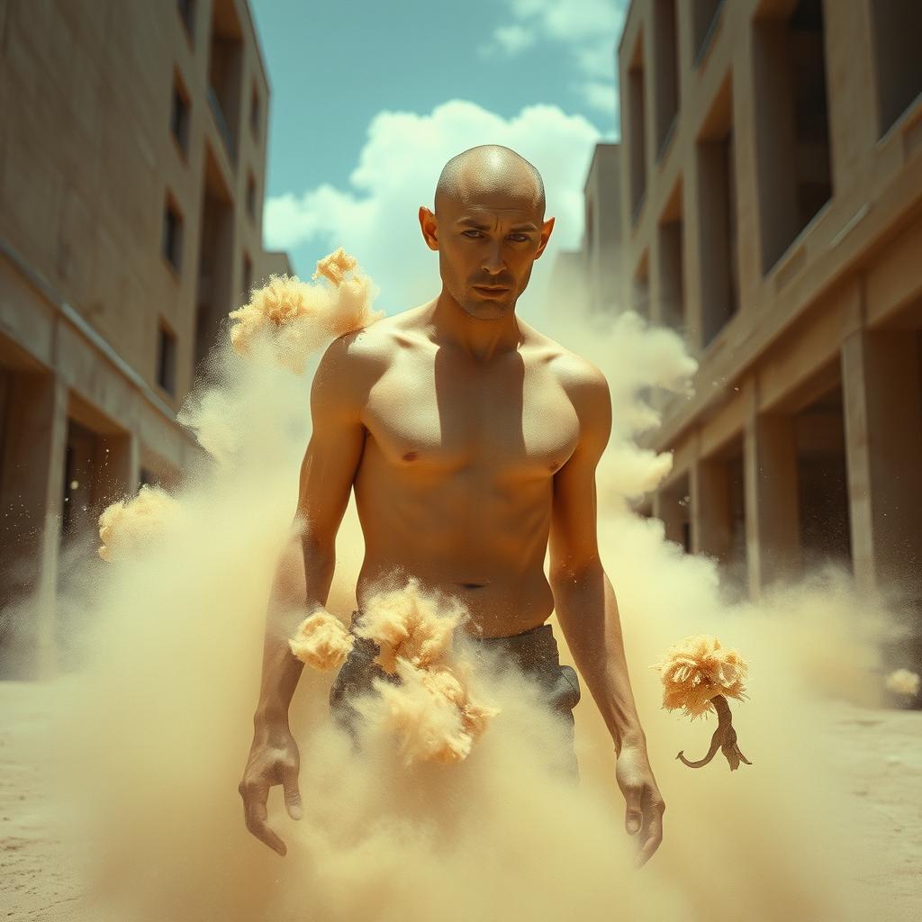 A hairless, unidentifiable man emerging from dust, depicted in a dramatic and cinematic style