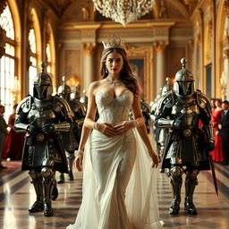 A regal and alluring queen is escorted by a group of armored soldiers through a grand palace