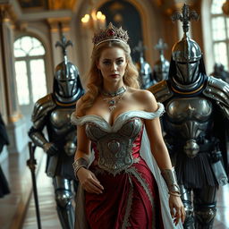 A regal and alluring queen is escorted by a group of armored soldiers through a grand palace