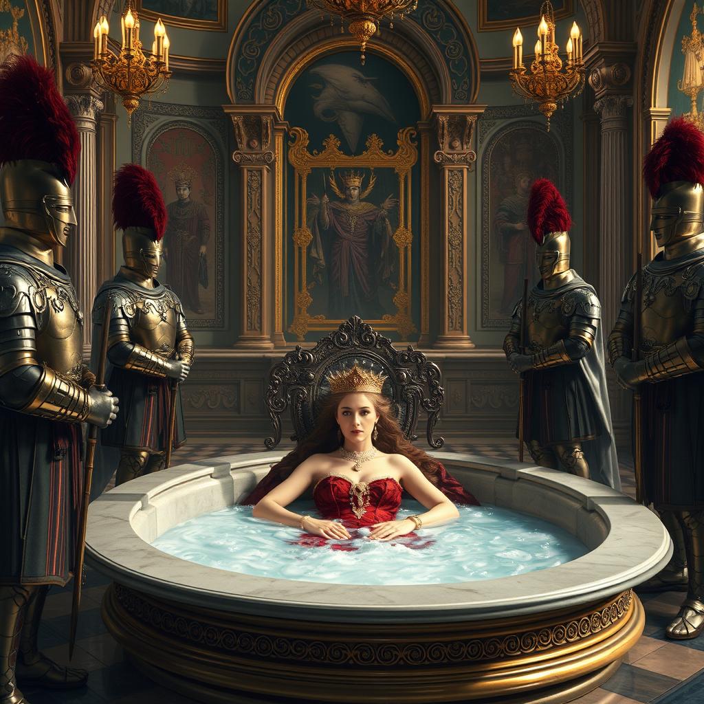 A regal queen is bathing in a luxurious bath, surrounded by vigilant soldiers standing guard