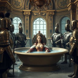 A regal queen is bathing in a luxurious bath, surrounded by vigilant soldiers standing guard