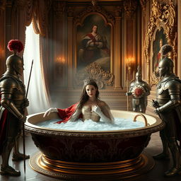 A regal queen is bathing in a luxurious bath, surrounded by vigilant soldiers standing guard