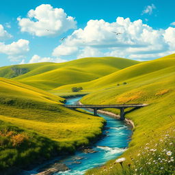 A beautiful landscape featuring rolling green hills under a bright blue sky with fluffy white clouds