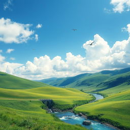 A beautiful landscape featuring rolling green hills under a bright blue sky with fluffy white clouds