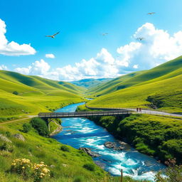 A beautiful landscape featuring rolling green hills under a bright blue sky with fluffy white clouds