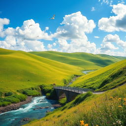 A beautiful landscape featuring rolling green hills under a bright blue sky with fluffy white clouds