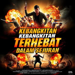 Create a dynamic and action-packed movie poster with the title 'Kebangkitan Terhebat Dalam Sejarah' prominently displayed