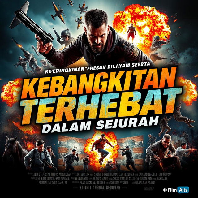 Create a dynamic and action-packed movie poster with the title 'Kebangkitan Terhebat Dalam Sejarah' prominently displayed