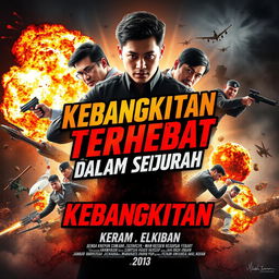 Create a dynamic and action-packed movie poster with the title 'Kebangkitan Terhebat Dalam Sejarah' prominently displayed