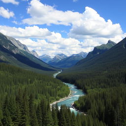 A beautiful landscape with mountains, a river flowing through a lush forest, and a clear blue sky with fluffy white clouds