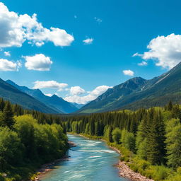 A beautiful landscape with mountains, a river flowing through a lush forest, and a clear blue sky with fluffy white clouds