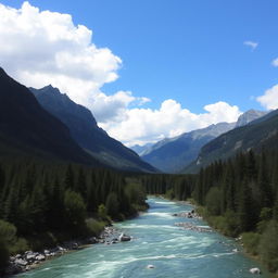 A beautiful landscape with mountains, a river flowing through a lush forest, and a clear blue sky with fluffy white clouds