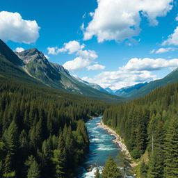 A beautiful landscape with mountains, a river flowing through a lush forest, and a clear blue sky with fluffy white clouds