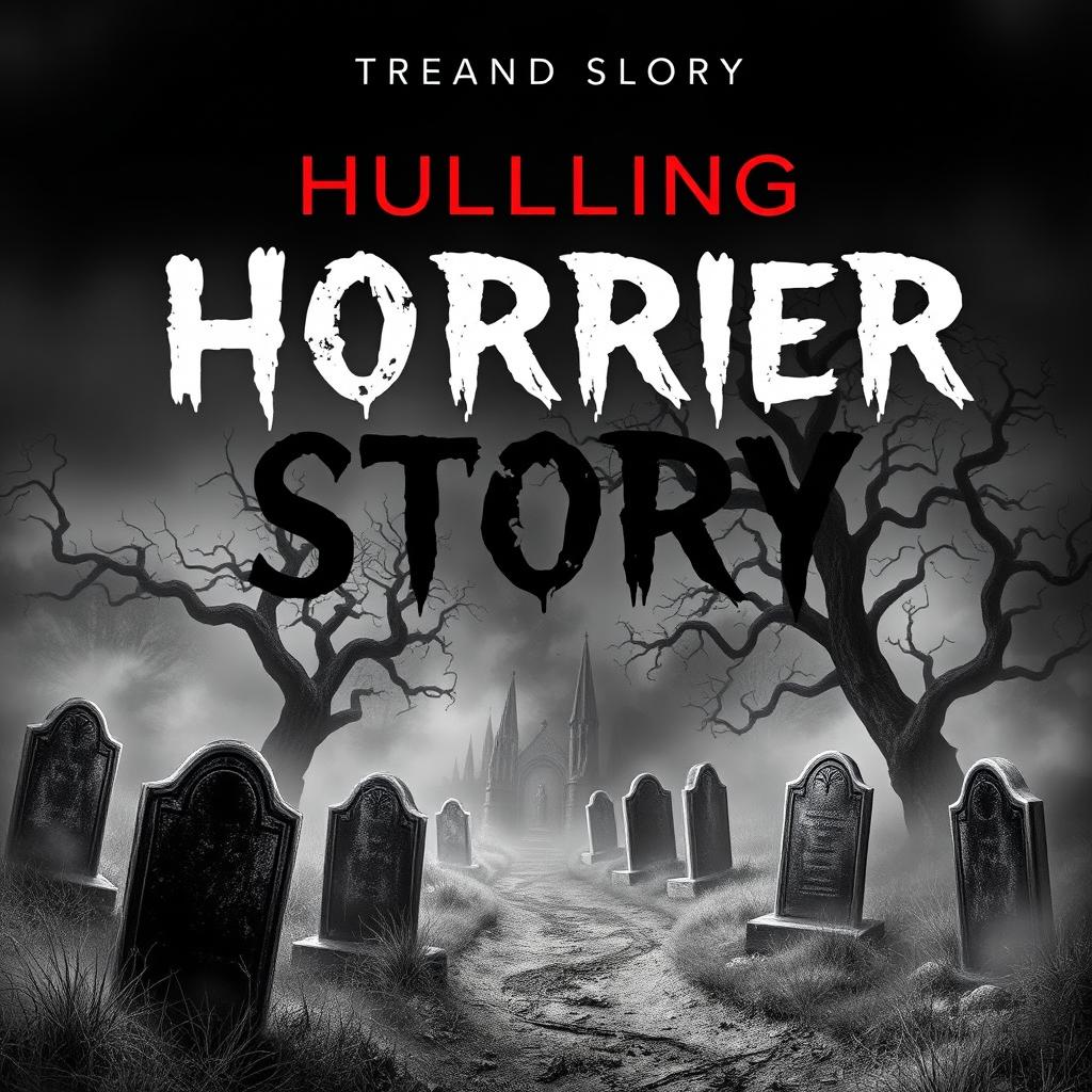 A chilling horror story book cover featuring a dark, eerie cemetery