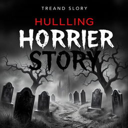 A chilling horror story book cover featuring a dark, eerie cemetery