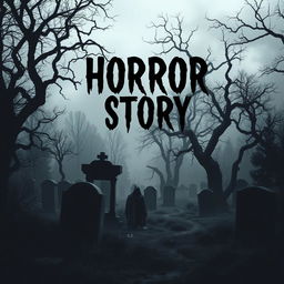 A chilling horror story book cover featuring a dark, eerie cemetery