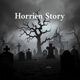 A chilling horror story book cover featuring a dark, eerie cemetery