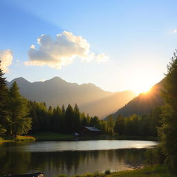 A beautiful landscape featuring a serene lake surrounded by lush green trees and mountains in the background