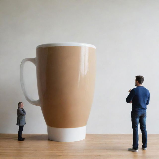 A colossal coffee mug dominating the frame, with a tiny man standing next to it, providing a scale of comparison.