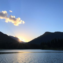 A beautiful landscape featuring a serene lake surrounded by lush green trees and mountains in the background