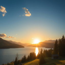 A beautiful landscape featuring a serene lake surrounded by lush green trees and mountains in the background