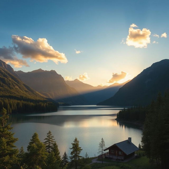 A beautiful landscape featuring a serene lake surrounded by lush green trees and mountains in the background